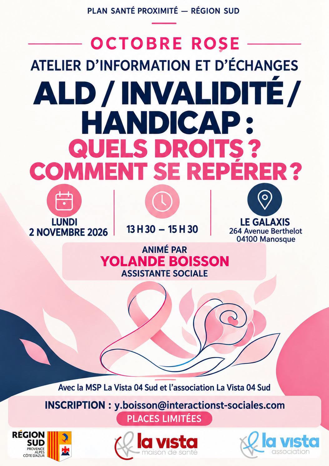 Affiche de l’atelier d’information sur les droits liés à l’ALD, l’invalidité et le handicap du 2 novembre 2026 à Manosque