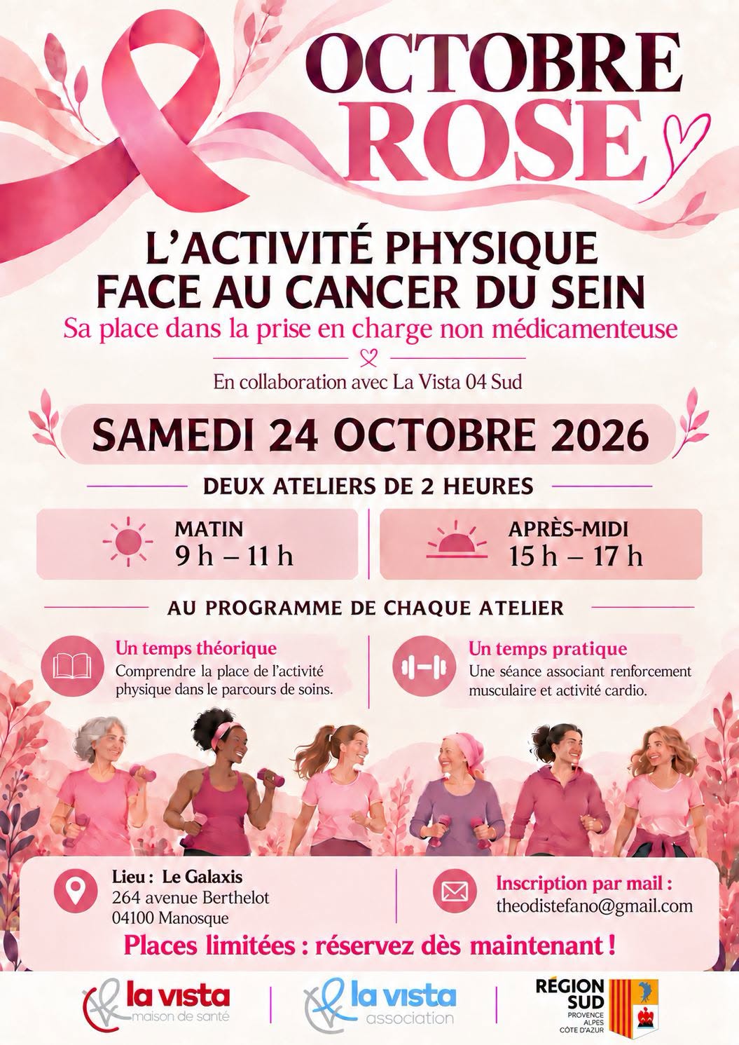 Affiche Octobre Rose sur l’activité physique face au cancer du sein le 24 octobre 2026 à Manosque
