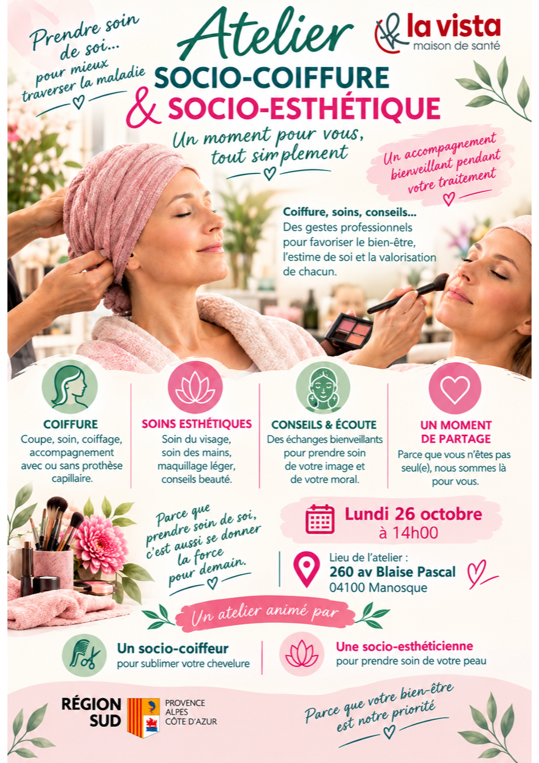 Affiche de l’atelier socio-coiffure et socio-esthétique du 26 octobre 2026 au Pôle de santé