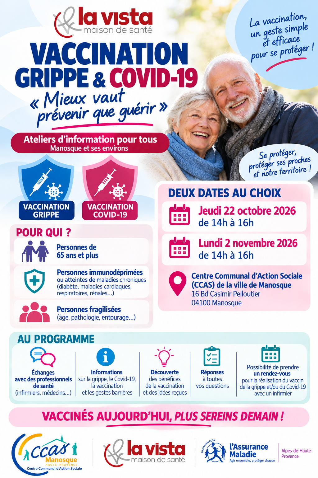 Affiche des ateliers d’information sur la vaccination contre la grippe et la Covid-19 des 22 octobre et 2 novembre 2026 à Manosque